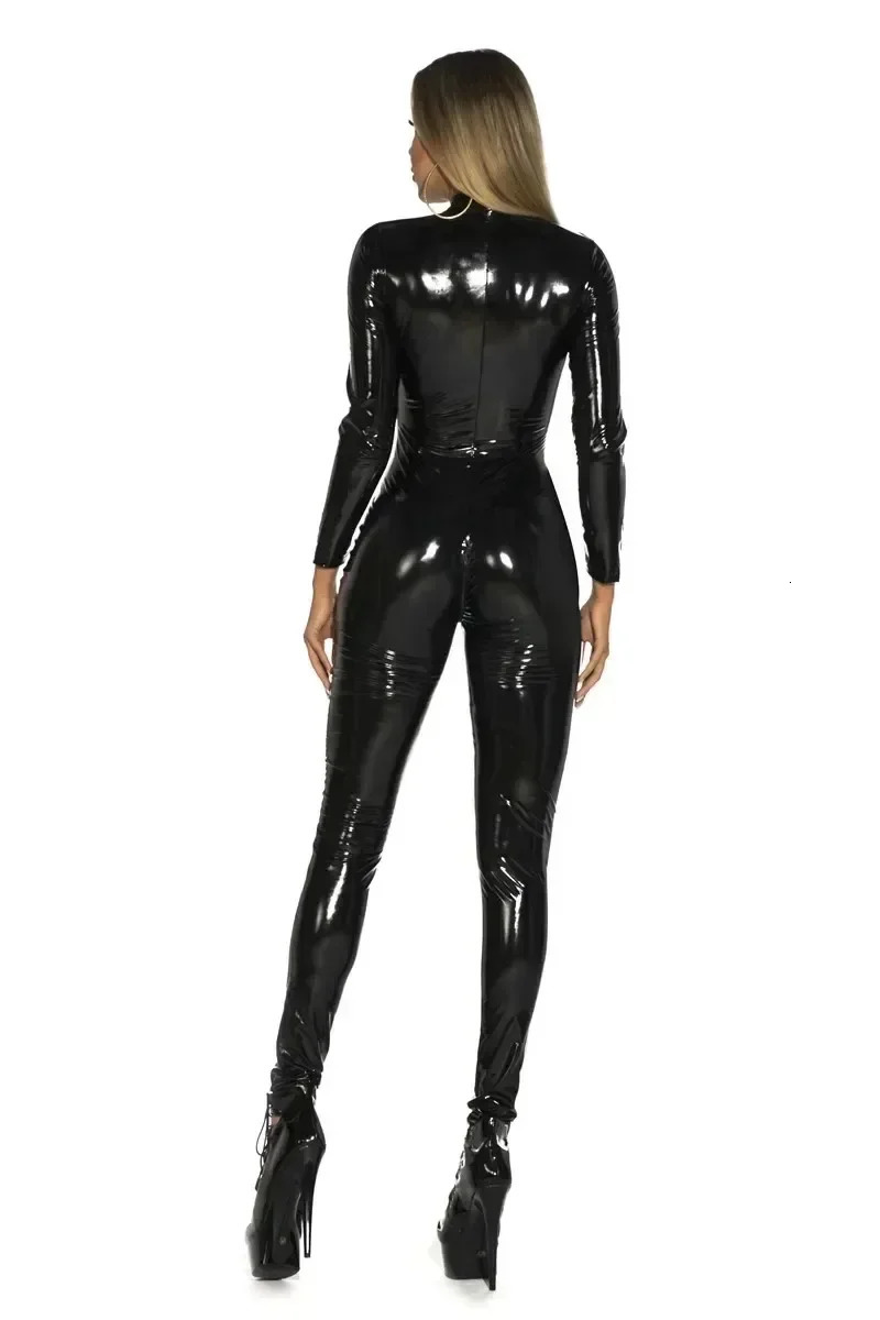 Womens Open Crotch Latex Tight Shiny PU Leather Long Sleeve jumpsuit with Zipper Sexy Clothing 241126