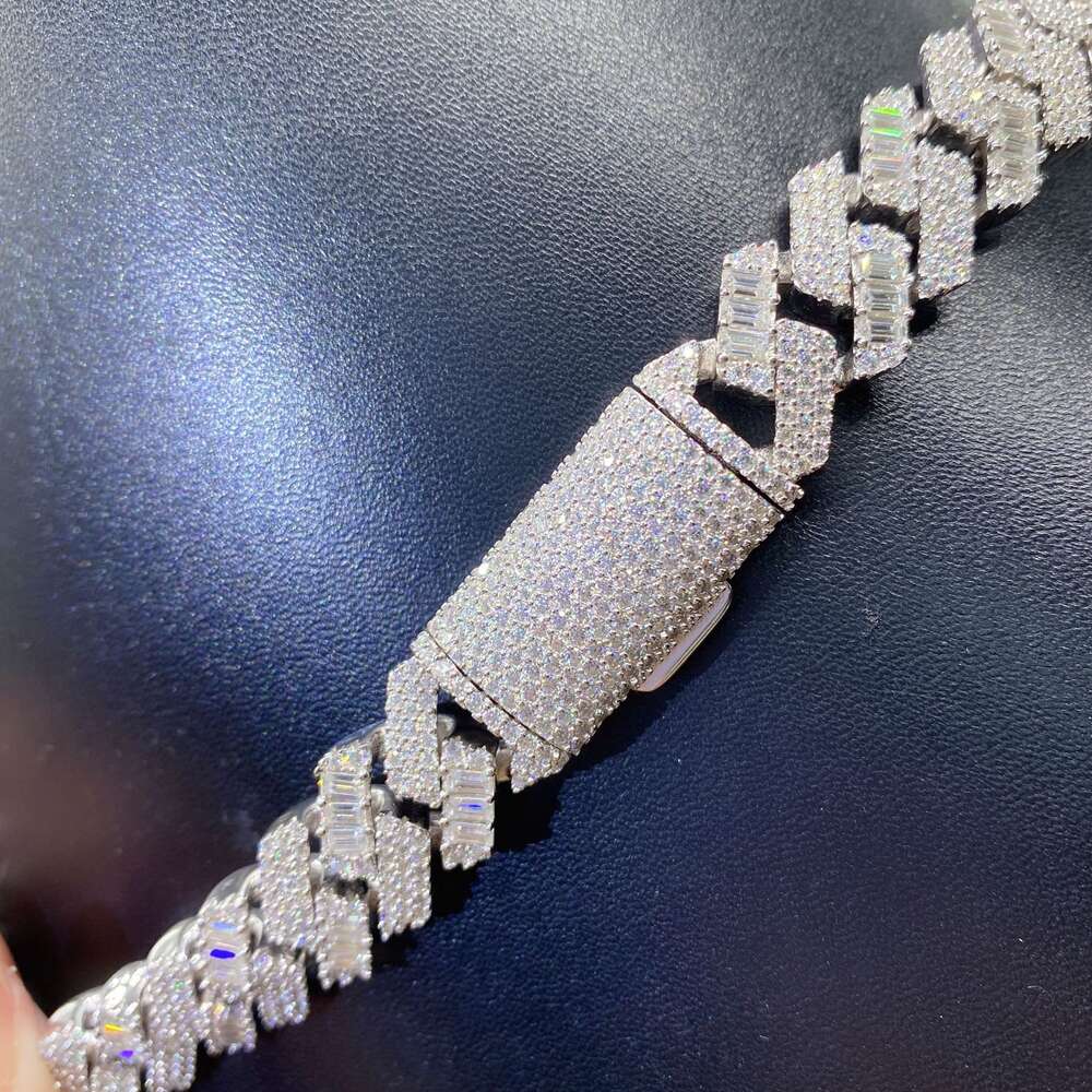 Prong Custom Diamond 925 Pure Sterling Silver Gra Heavy Vvs 15mm Moissanite Cuban Baguette Link Chain