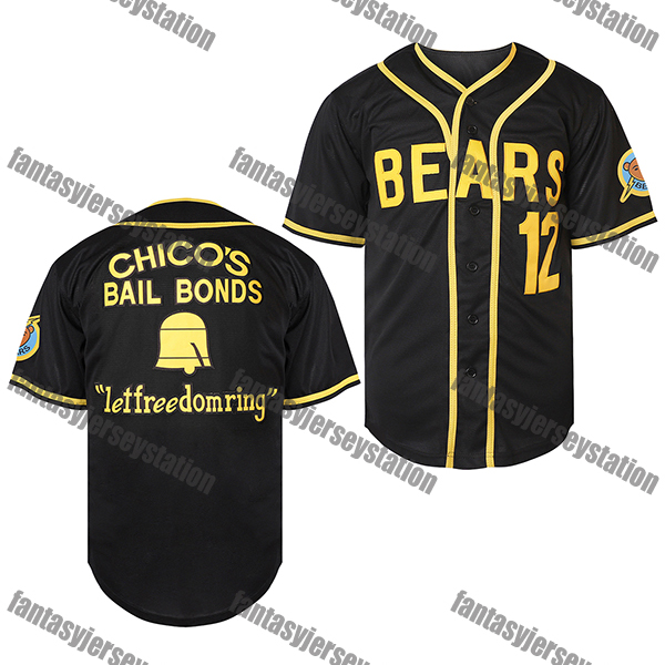 Men's Polyester Baseball Jersey Bad News Bears#12 Black Tanner Boyle Chico'S Bail Bonds Embroidered V-Neck Breathable Button-Up Shirt for Sp