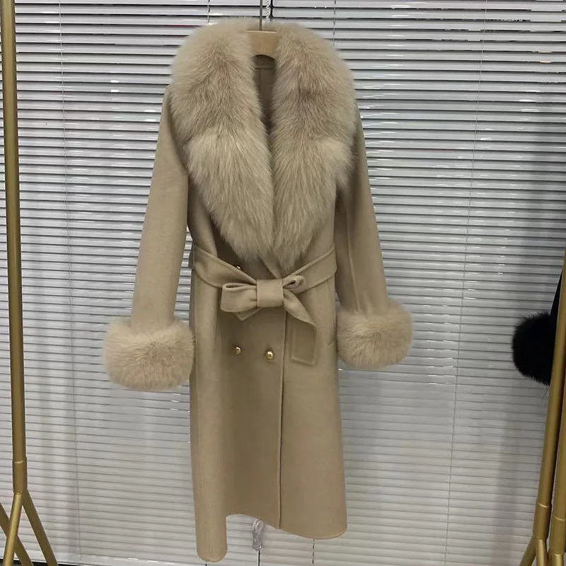 2023 Long Women Wool Cashmere Blended Coat With Big Real Fur Collar Fashion Winter Jacket Double Breasted Belt Outwear Cuff 24