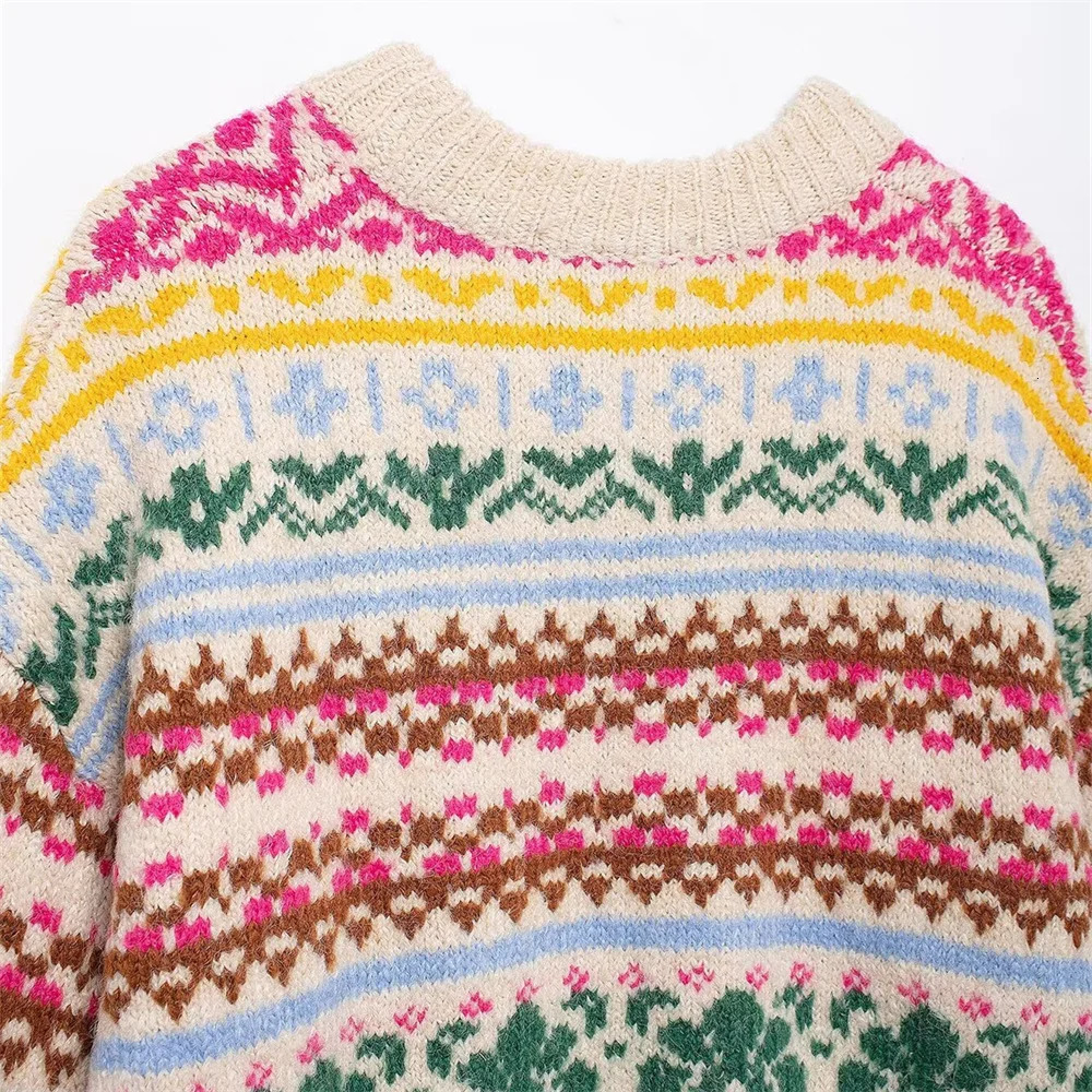 Autumn and winter casual womens clothing fashion contrasting jacquard knitted round neck pullover sweater 241126