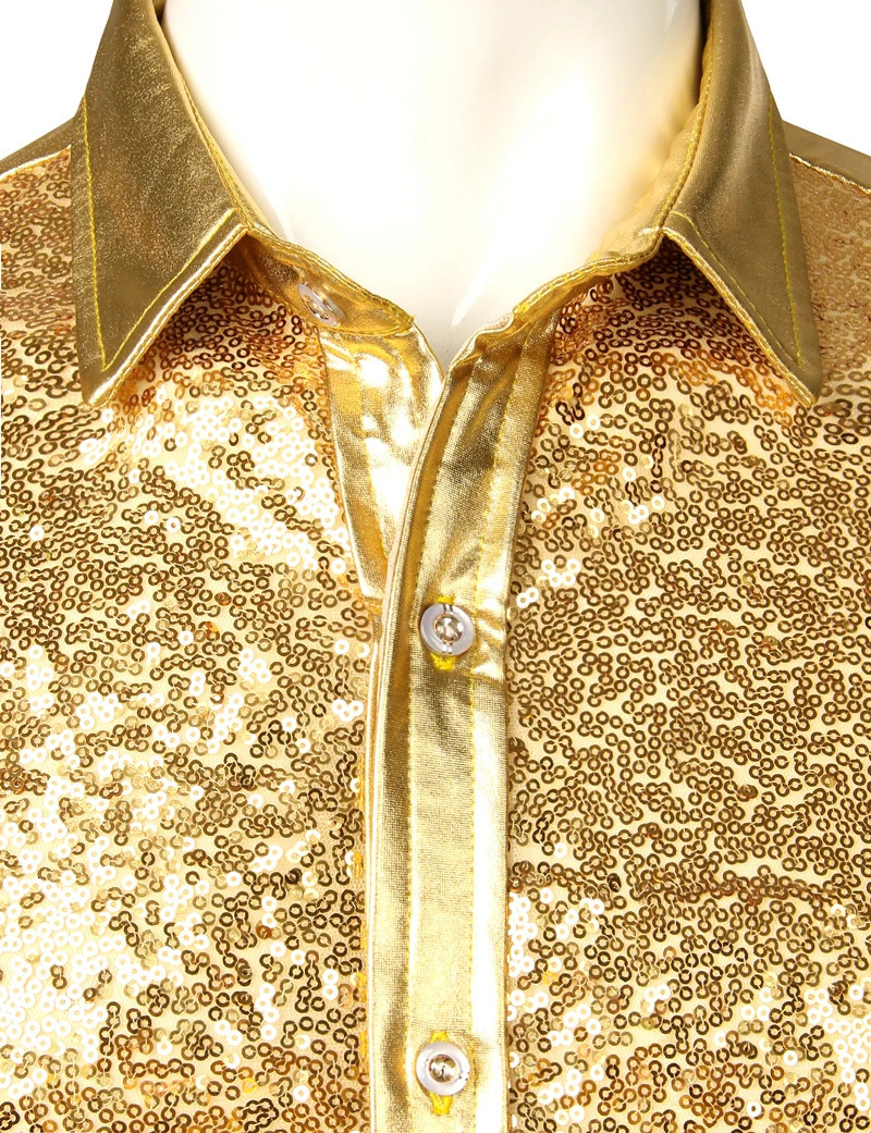 Mens Disco Shiny Gold Sequin Metallic Dress Shirt Long Sleeve Button Down Christmas Halloween Bday Party Stage Costume 241126