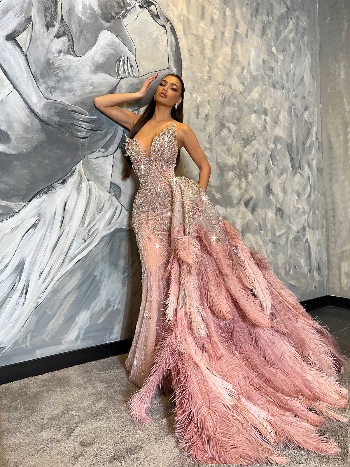 Gorgeous Mermaid Evening Dresses Crystal Prom Gowns with Detachable Train Strapless Feather Beading Party Dress Custom Made Vestidos de noche