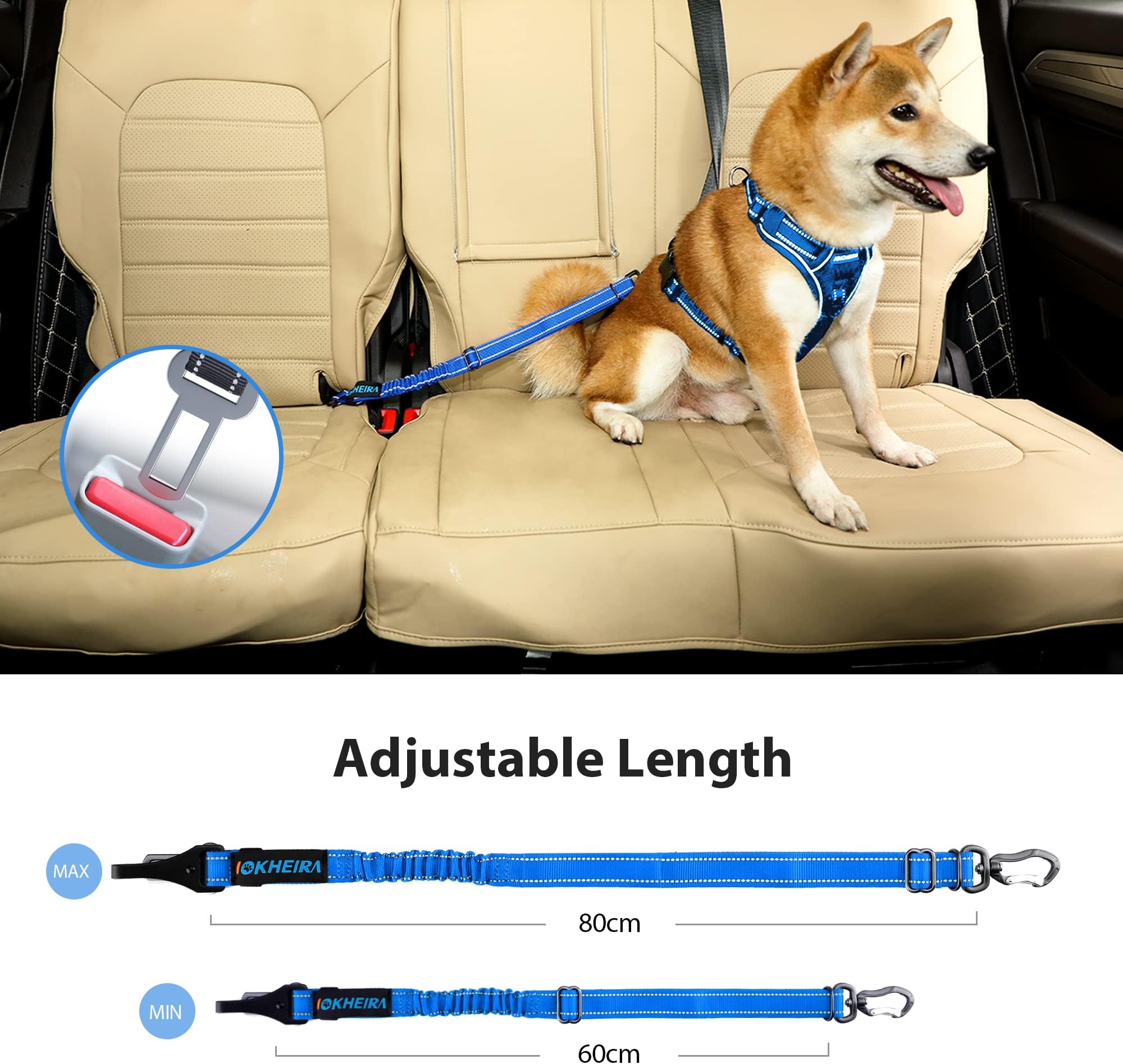 IOKHEIRA Seatbelt, Updated Adjustable Harness Reflective Bungee Dog Car Seat Belt with Aviation Aluminum Alloy Rotatable Carabiner, Hook & Buckle Free