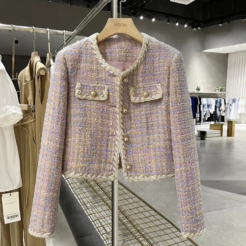 Elegant coarse woolen style purple womens winter jacket autumn and winter round neck social Western style clothing set 241126