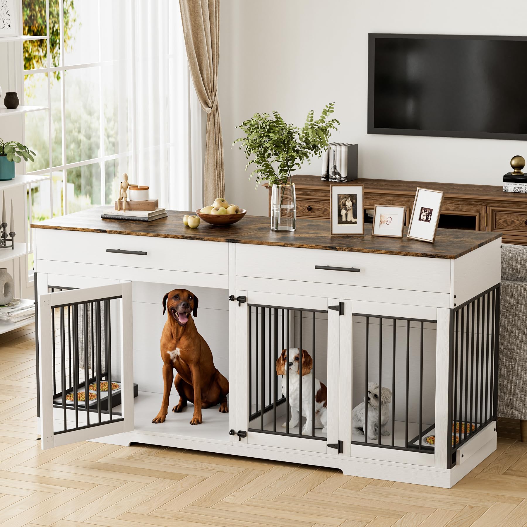 OUYESSIR Dog Crate Furniture, 72.05 Inch Wooden Large Dog Kennel with 2 Drawers & Dog Bowls, Dog House with Double Doorss & Divider, Heavy Dut