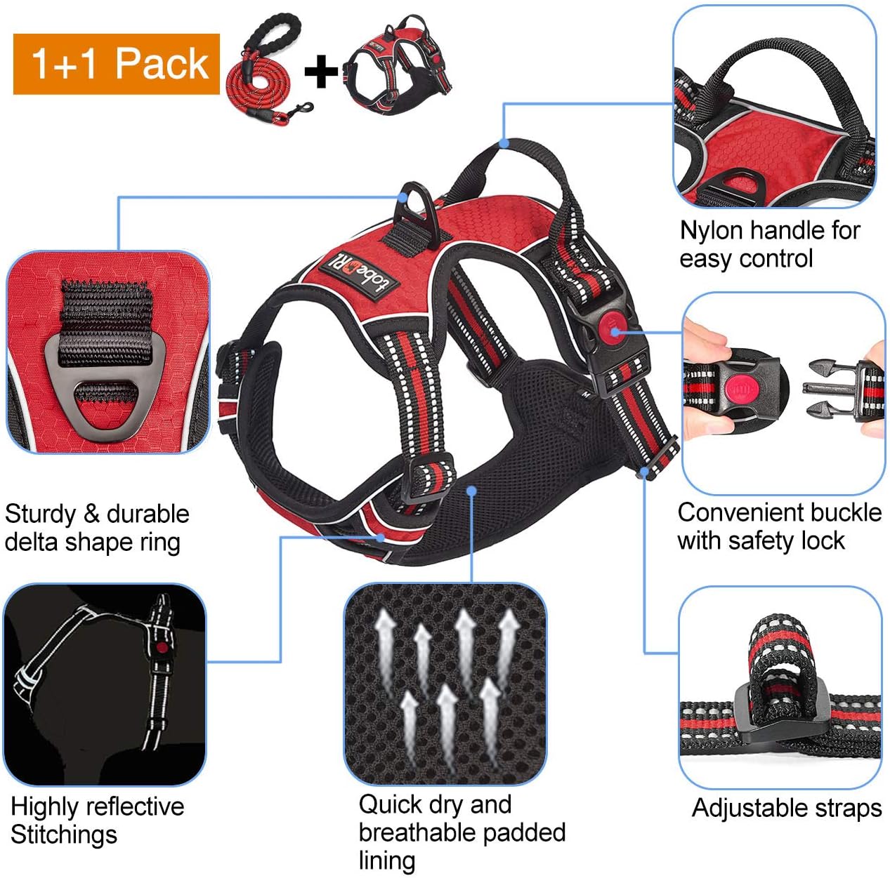 tobeDRI No Pull Adjustable Reflective Oxford Easy Control Medium Harness with A Free Heavy Duty 5ft Dog Leash (L (Neck: 18 -25.5 , Chest: 24.5 -33 ), 