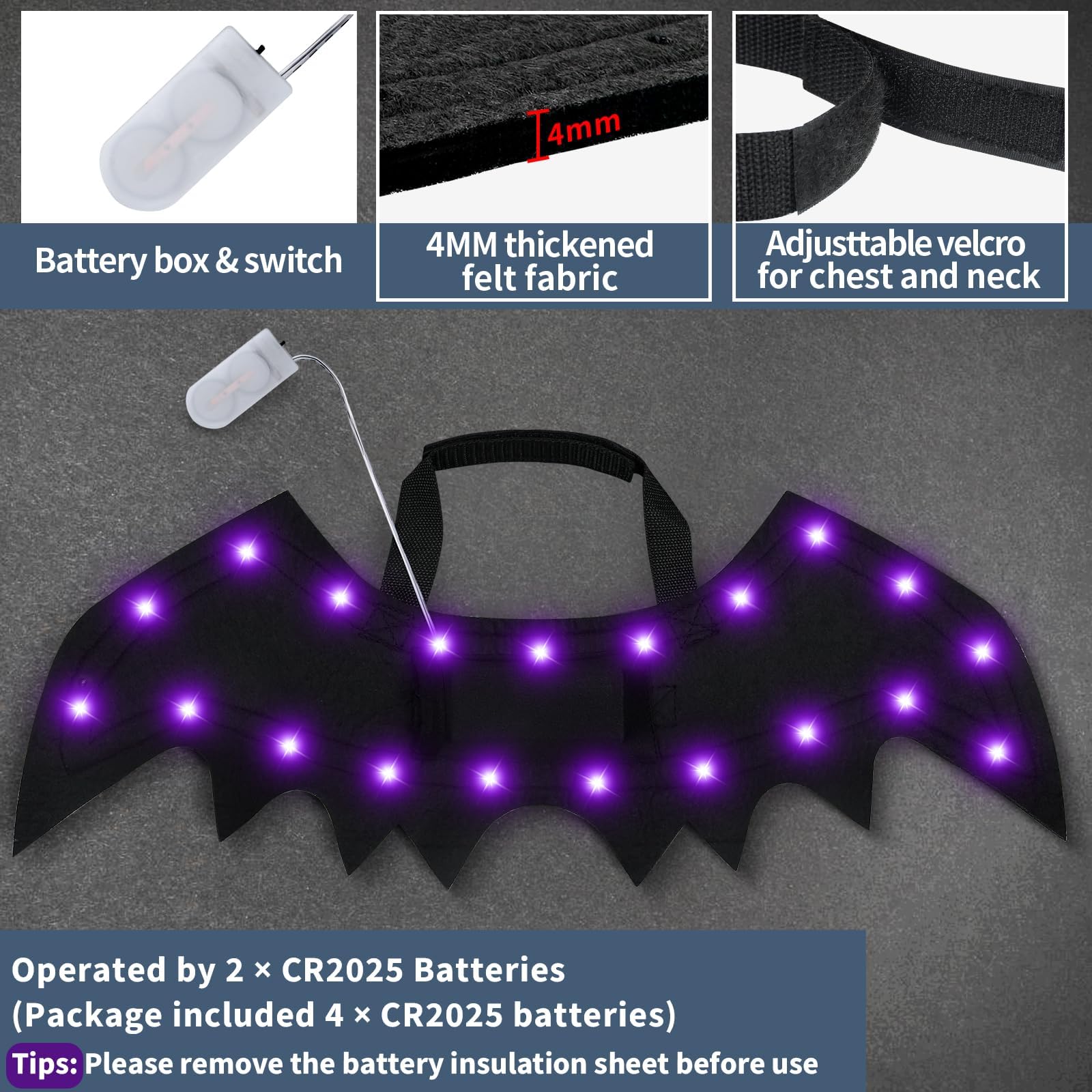 Malier Light Up Costume, 20 LED Dog Bat Wings Cosplay Costume with ple Lights Funny Halloween Clothes Thanksgiving Gifts for Dogs Puppy Cat