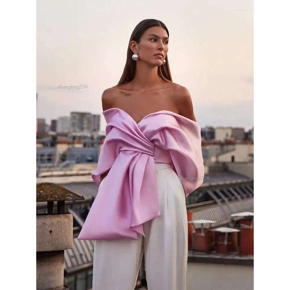 Women's Blouses Elegant Satin Top Women Sexy Off Shoulder Backless Pleated Female Club Party Shirts 2024 Spring Summer Street Bow Lace Up