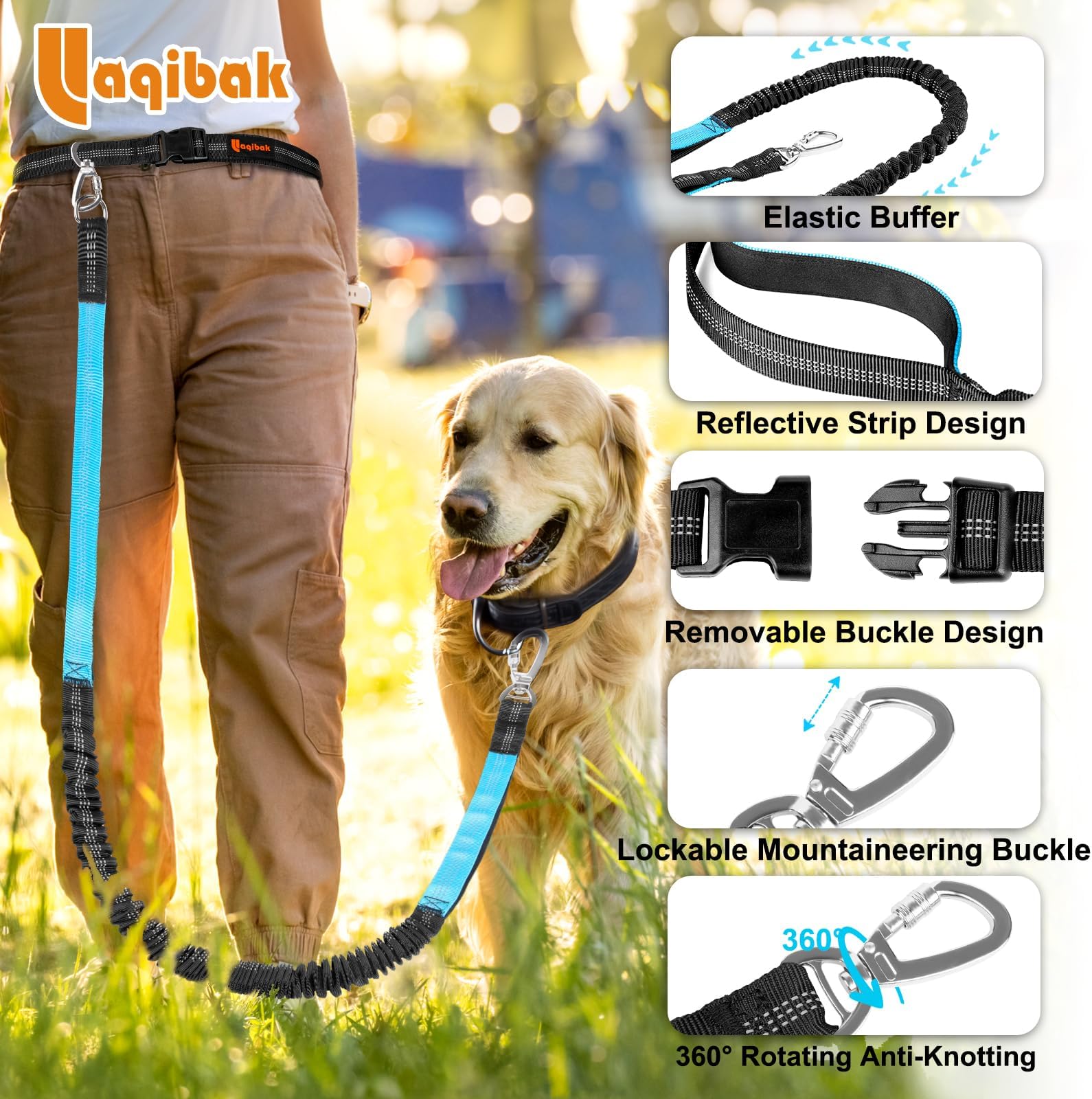 Hands Fr Lash, Adjustabl Waist Dog, Handl Bung Dog Lash 4.2-6.7 Ft Long with Rflctiv s for Walking Hiking Running, Fits 26 - 47 Waist, Black &