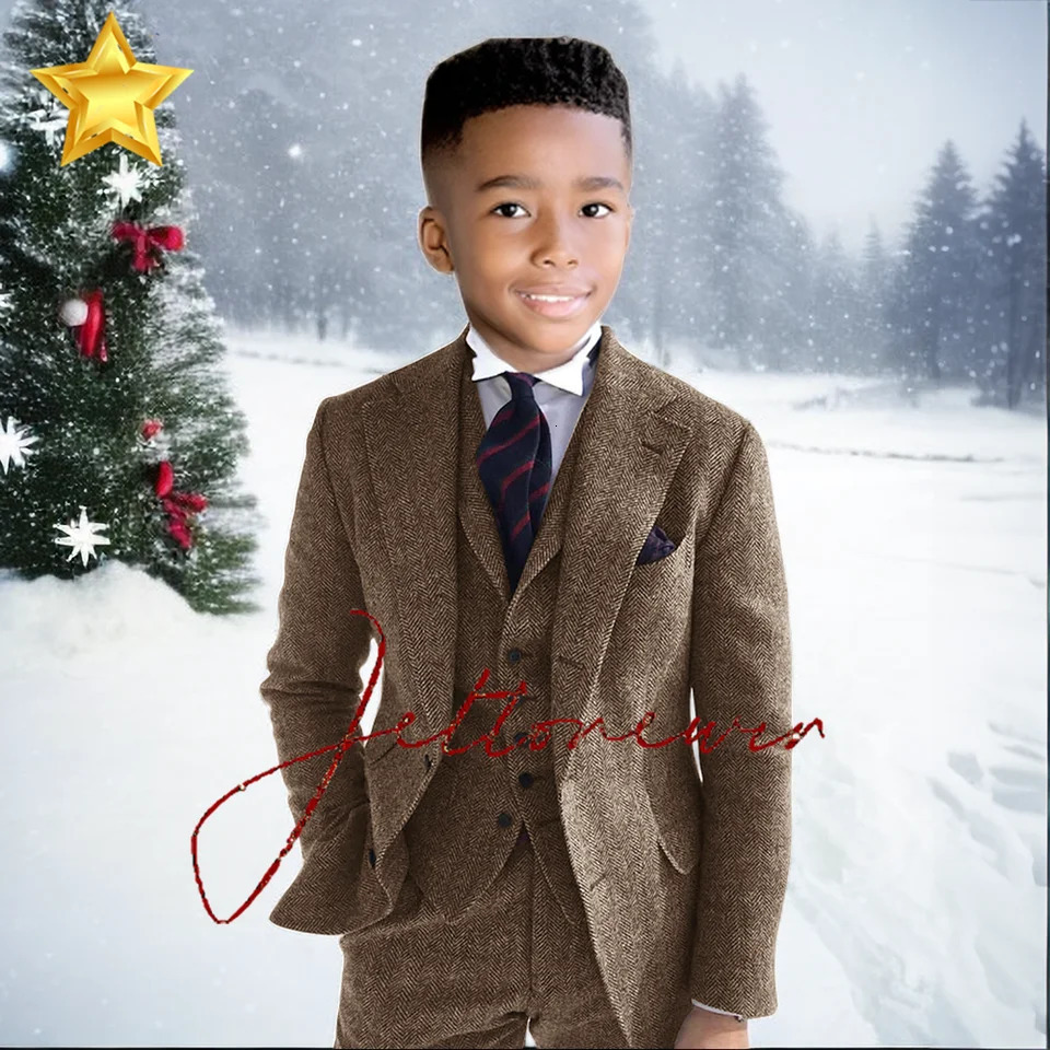 Gray Wool Tweed Winter Boy Suits For Wedding Formal KidsTuxedo Herringbone Child Fashion 3 Piece Jacket Vest Pants 241126