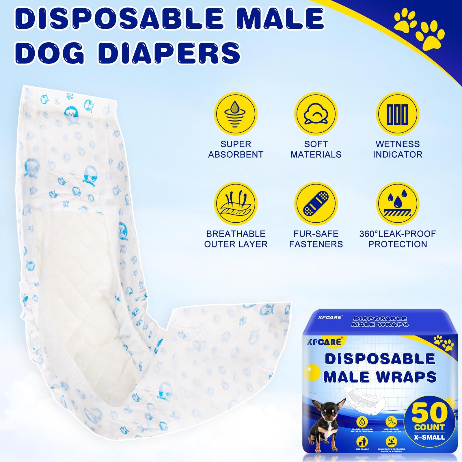 XPCARE 50 Count Disposable Male Dog Diapers, Male Dog Wraps,Super Absorbent Leak-Proof Fit