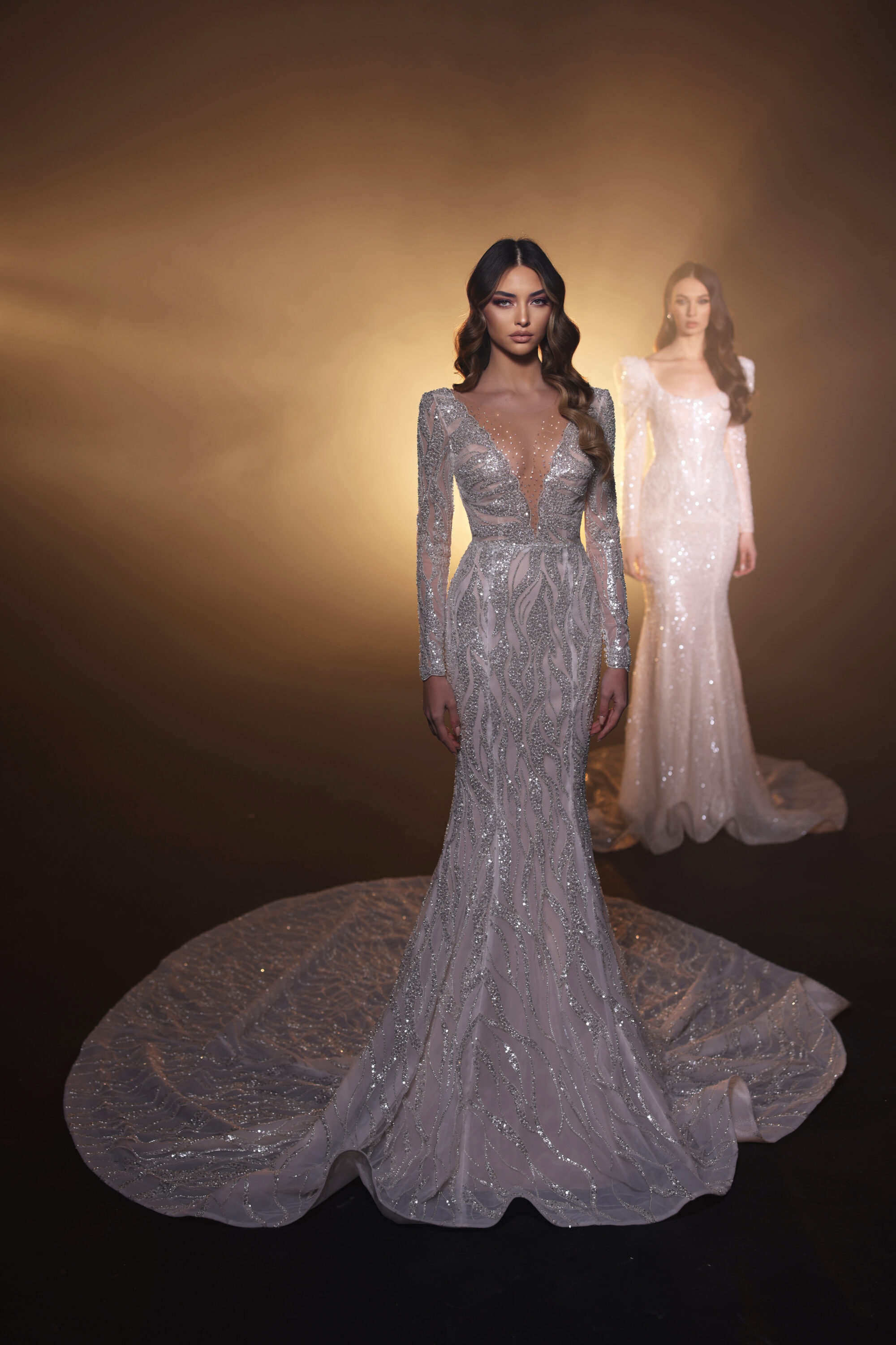 Mermaid Wedding Dresses For Women Sheer Neck Long Sleeves Bridal Gown Sequins Detachable Train Party Customized Dress vestidos de novia