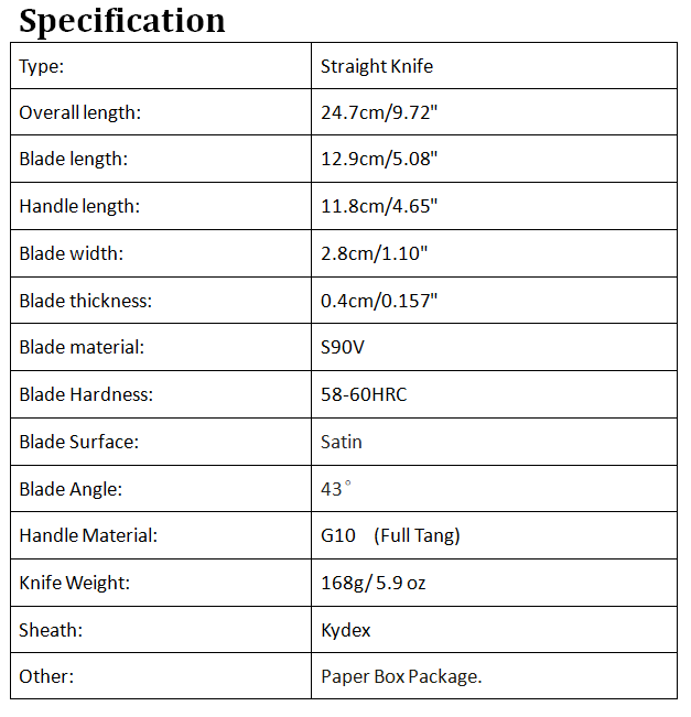 High Quality Survival Straight Knife S90V Satin Blade Full Tang G10 Handle Outdoor Camping Hiking Fishing Fixed Blade knife Knives with Kydex