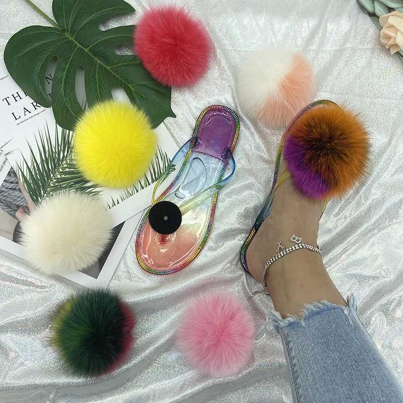 Fur Flip Flops Women Summer Beac Ladies Real Fur Furry Pom Transparent Crystal Flats Slides 2022 Fox Fur SandalsXJ250207
