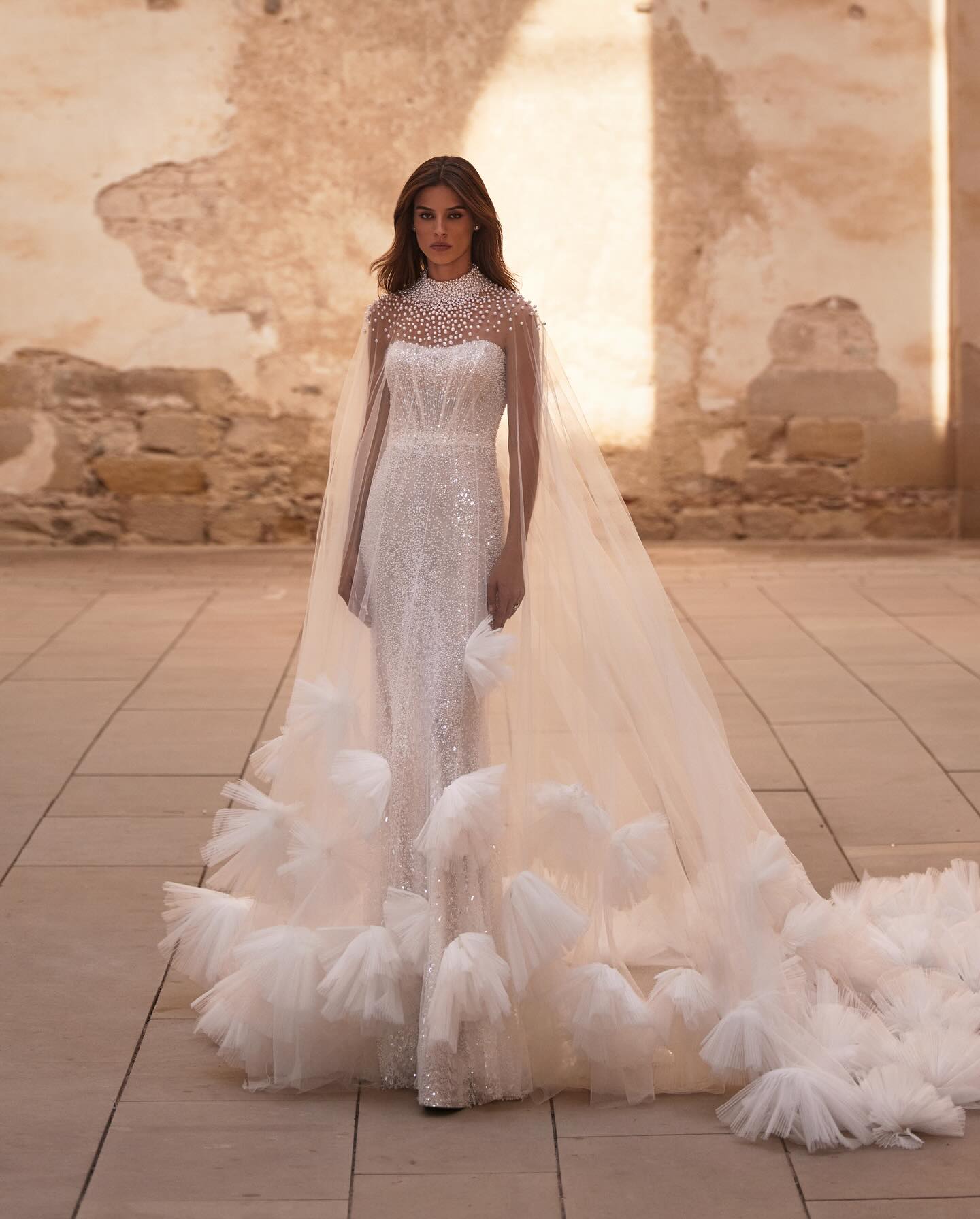 Milla Nova Chart Mermaid Wedding Dress With Cape Pearls Sequins High Neck Wedding Dresses Bridal Gowns Ruched Tulle Sweep Train Designer Robe De Maria