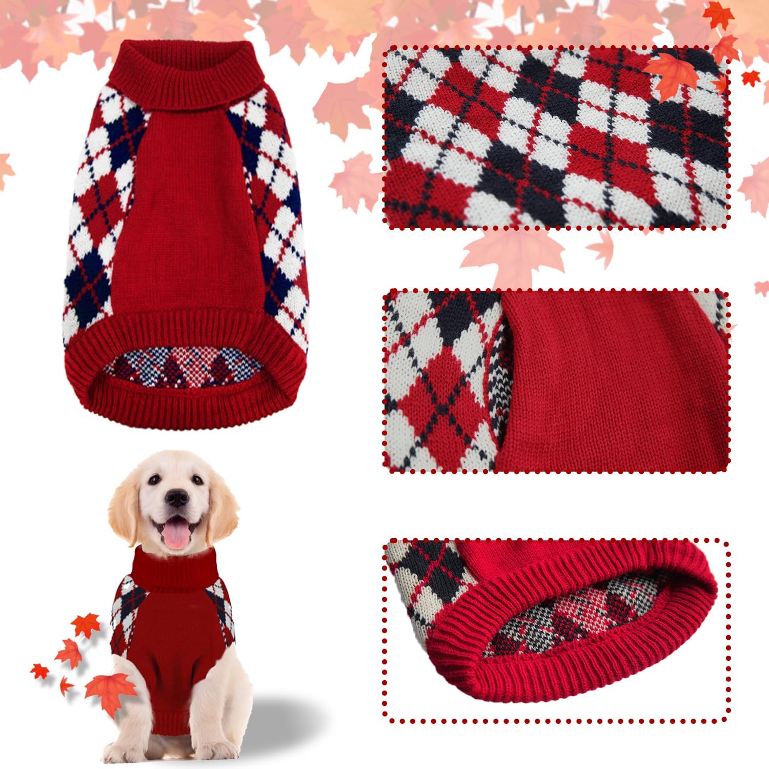 Dog Sweaters Small Dogs,Christmas Argyle Xmas Clothes, Pet Shirts for Kitten Puppy,Red Boys Girls Winter Knitwear Warm Clothes