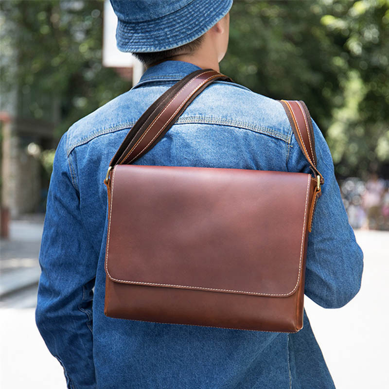 Luufan Genuine Leather Messenger For Man Vintage Crazy Horse leather Shoulder Cowhide Magnetic Flap Laptop Crossbody Bag