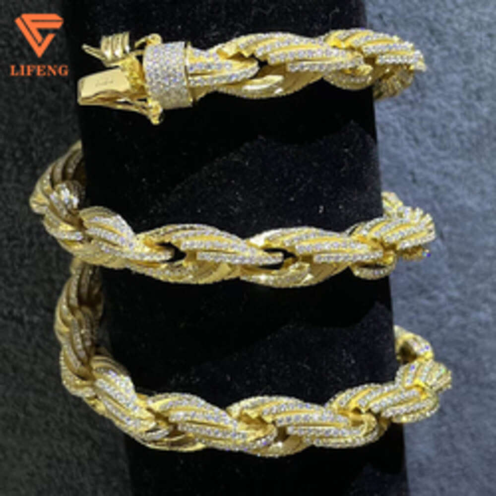 Lifeng Jewelry 10mm Sterling Silver 18k Gold Plated Rope Chain Men Hiphop Moissanite Diamonds Rope Chain Necklace