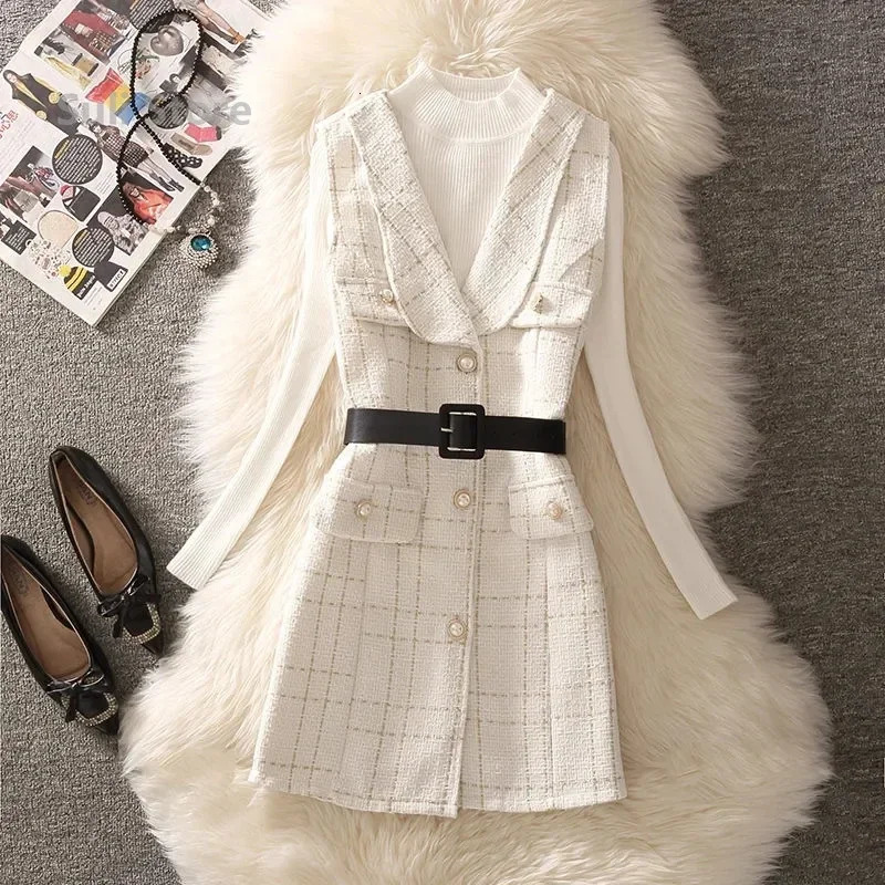 Retro medium length 75cm plain weave tweed vest jacket womens 2-piece set elegant pearl button waistband unlined coat knitted sweater 241126