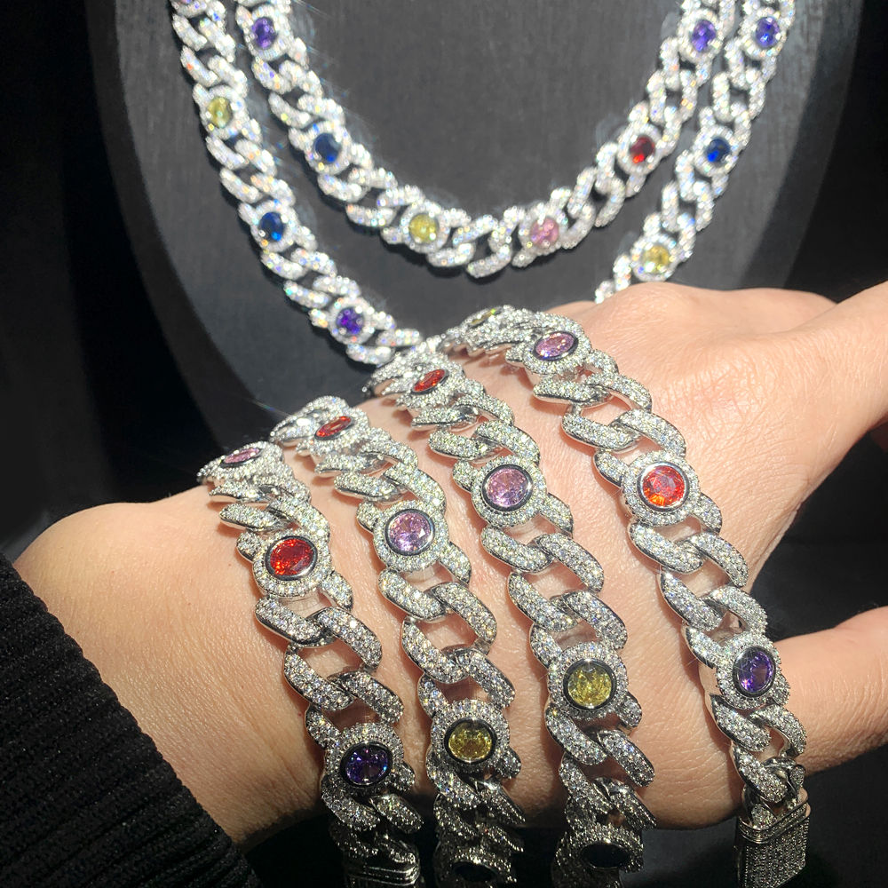 Fashion New Iced Out Round Eye Charm Necklace 12mm Cuban Chain Prong Setting Rainbow Cubic Zirconia Hip Hop Jewelry