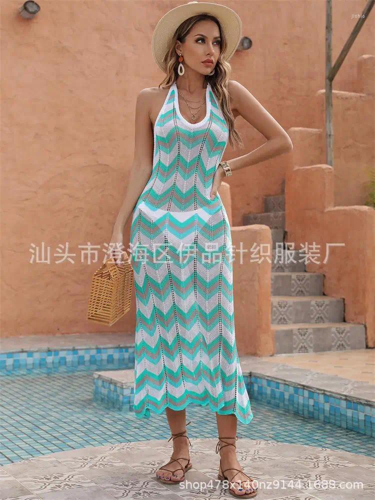 Beach Outfits For Women Cover Up Pareo Summer 2024 Knitted Wavy Stripe Sexy Backless Sunblock Bikini Solid Polyester Dress