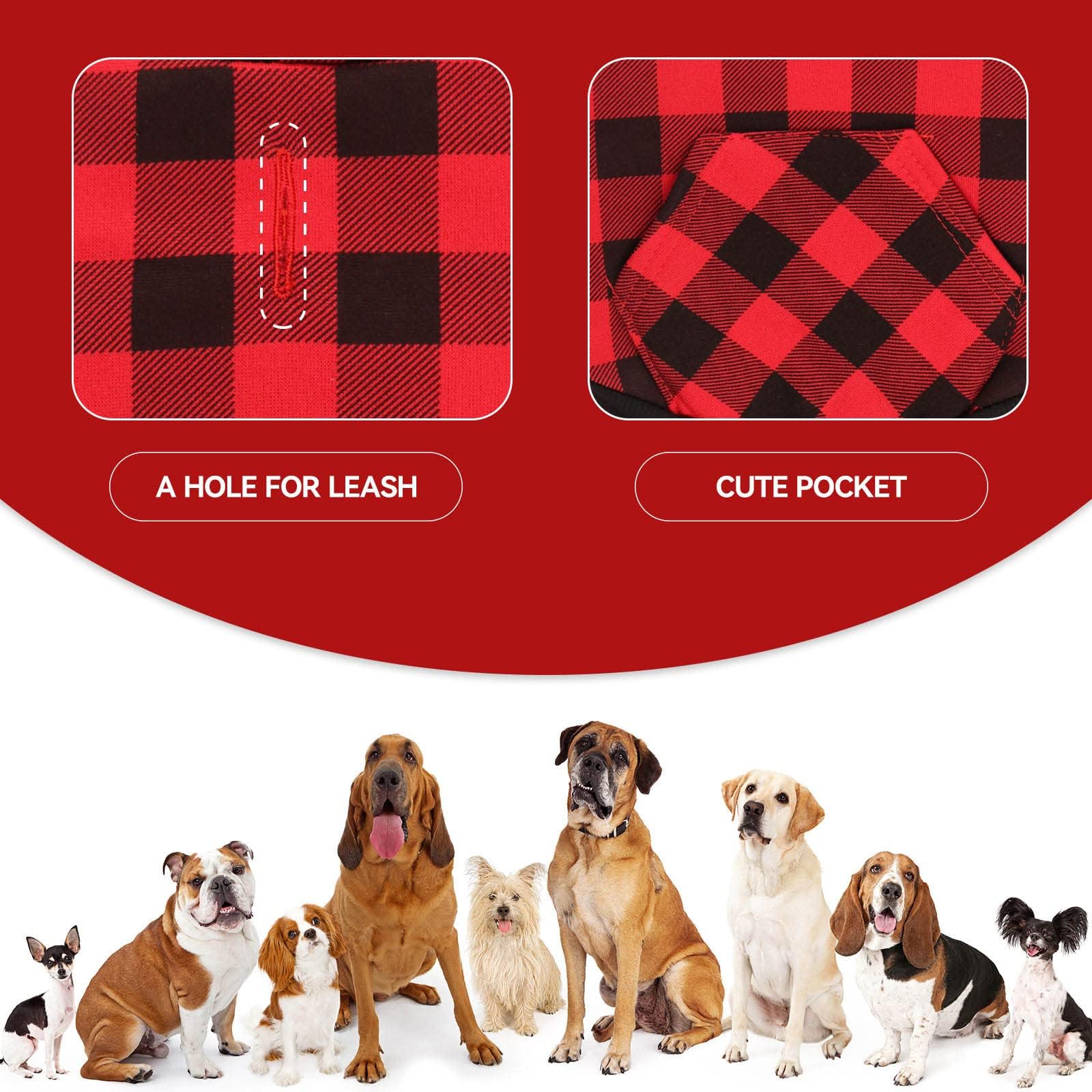 Hoodie Sweater Red Plaid Clothes Warm and Soft Breathable Cozy Hoodies Dog Sweaters for Extra Large Dogs with Pocket(XL