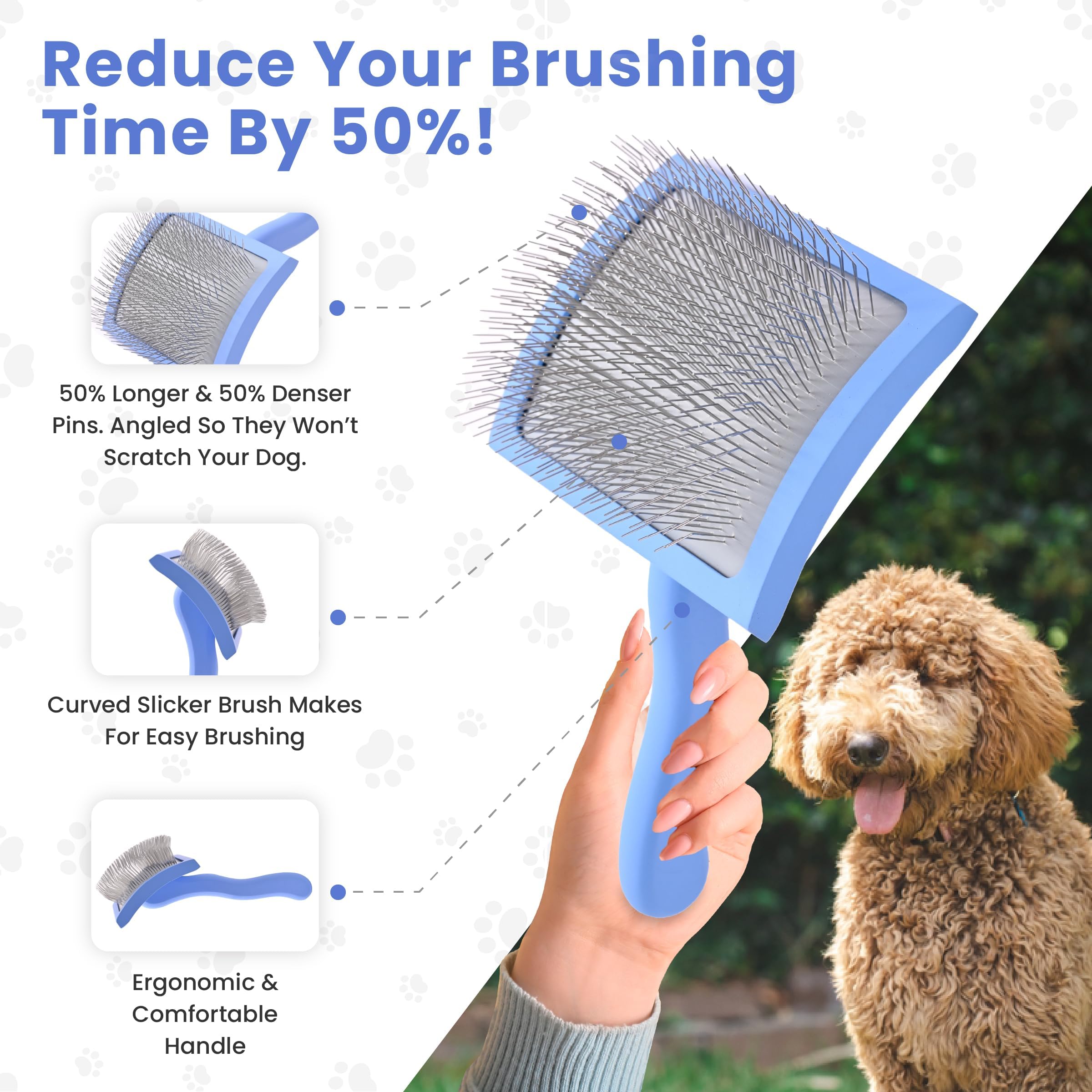 We Love Doodles Dog Slicker for Grooming Pet Hair Best Brushes Poodle & Golden Doodle Haired Dogs - Goldendoodle Long Pin Brush For Dematting