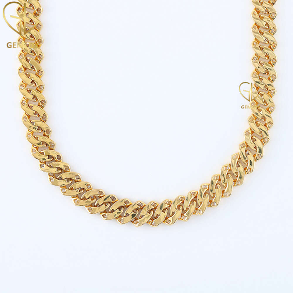 New Design Bust Down Baguette Cut Moissanite Diamond Hiphop Jewelry Gold Finish Iced Out Miami Cuban Chain Necklace for Men