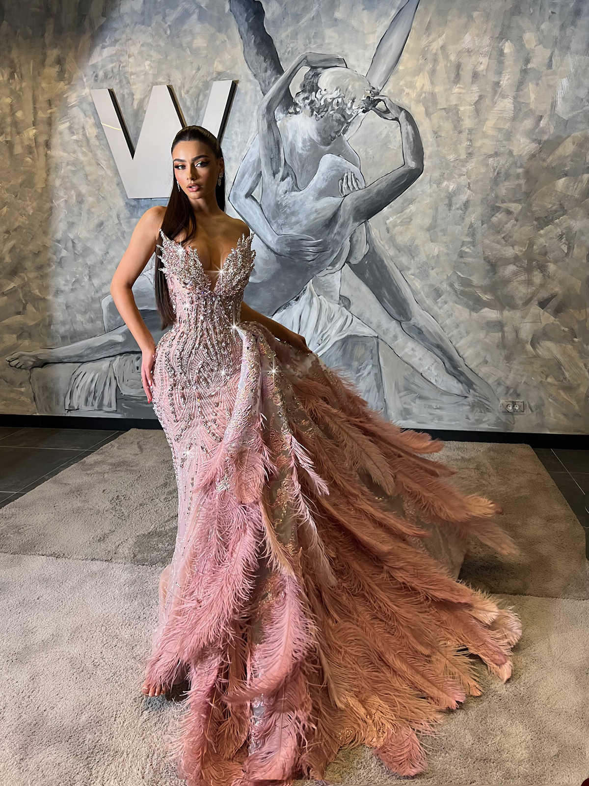 Gorgeous Mermaid Evening Dresses Crystal Prom Gowns with Detachable Train Strapless Feather Beading Party Dress Custom Made Vestidos de noche