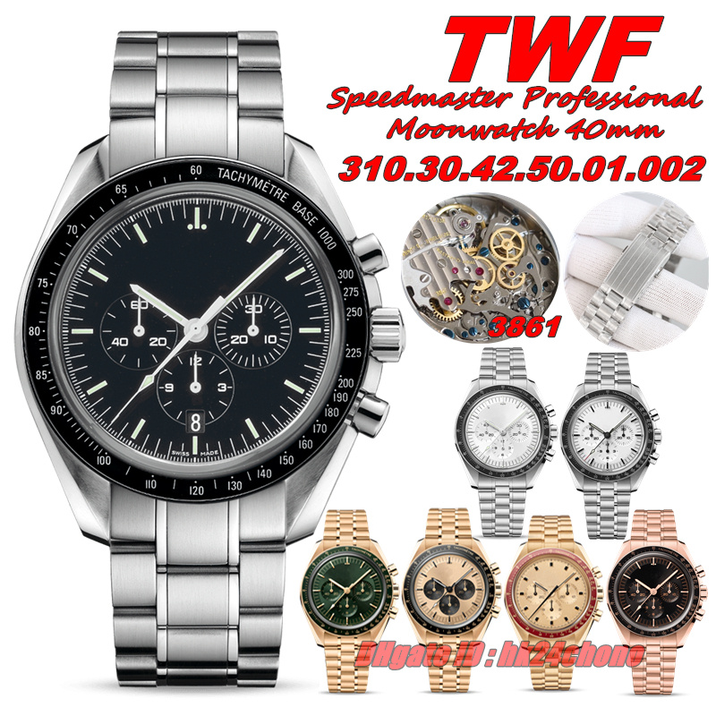 TWF Watches TW Professional 42mm Moonwatch 3861 Manual Winding Chronograph Mens Watch Sapphire Crystal Black Dial Stainless Steel Bracelet Gents Wristwatches
