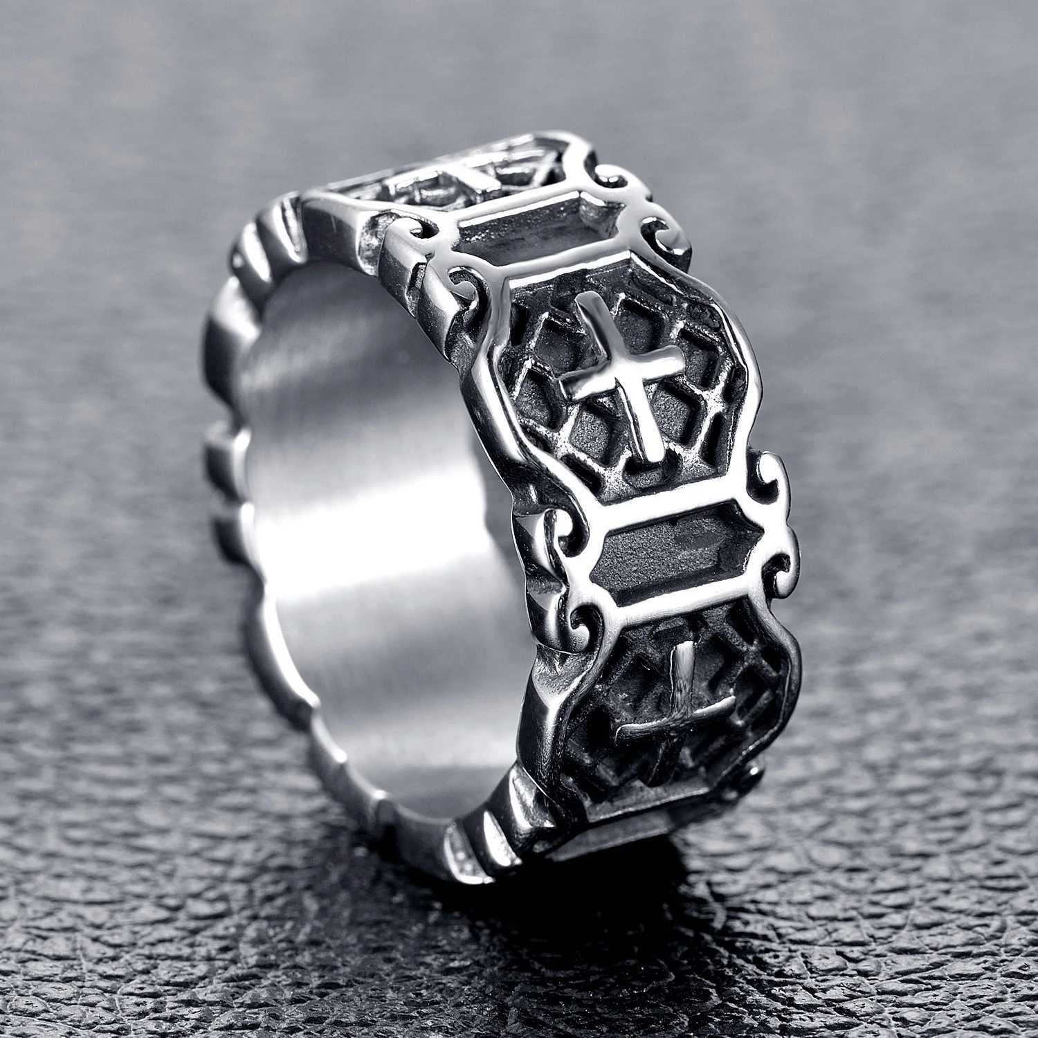 Retro Silver Color Punk Pattern Cross Ring for Mens Fashion Trend Street Hip-Hop Rock Goth Accories Jewelry Gift WholesaleXJ241127