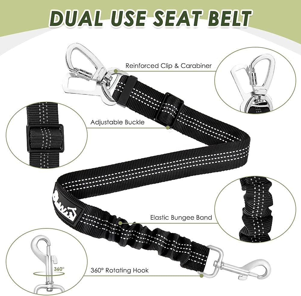 SlowTon Seatbelt, 2 Pack Seat Belt Car Leash Adjustable Elastic Bungee Buffer Heavy Duty Nylon Reflective Pet Safety Tether Connect to Dog Harness for