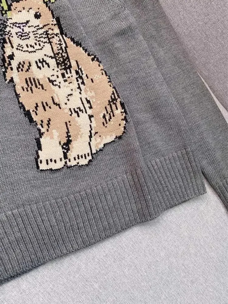 bunny graphic print Oneck sweater women grey wool ribbed edges jumper autumn winter pullover female 241126