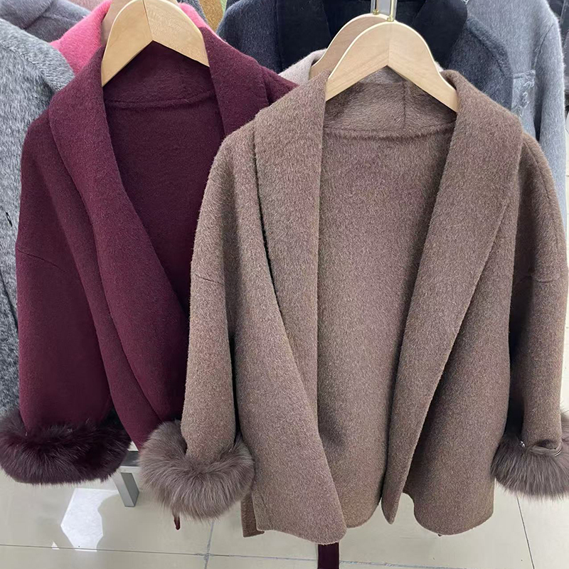 Korea Chic Flip Collar Fox Fur Double-Sided Woolen Coat Elegant Wool Jacket Women Winter Brown Overcoats 6U724