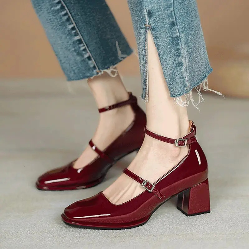 red mary jane shoes heels Womens Shoes Mary Jane Spring summer Thick-heeled High-heeled Retro Square Toe Pumps 241127