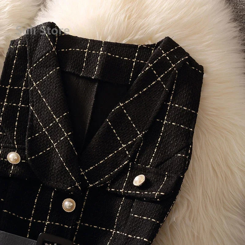Retro medium length 75cm plain weave tweed vest jacket womens 2-piece set elegant pearl button waistband unlined coat knitted sweater 241126