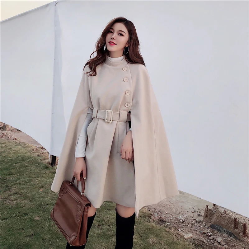 Autumn High Quality Woolen Cloth Shawl Cape Poncho With Belt Women Midlength Korean Sleeveless Casual Ladies Coats 241126