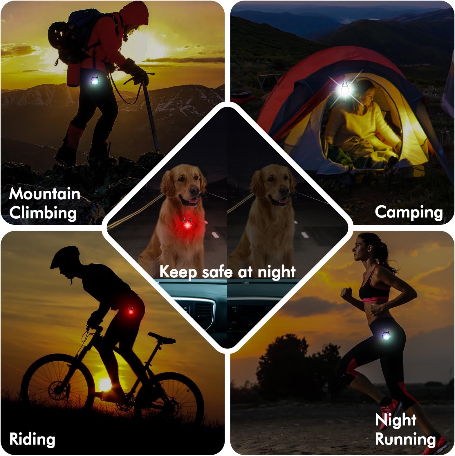 HIFORT 2 Packs 4 Modes Collar Nighttime Clip on, High Capacity USB Rechargeable Light, IP68 Waterproof Dog Lights for Night Walking, Climbing, Camping