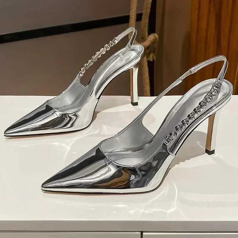 Shiny High Heels Sgback Sier Women Pumps Metallic Crystal Sandals Pointy Toe Stiletto Heeled Party Dress Shoes WomanC241127