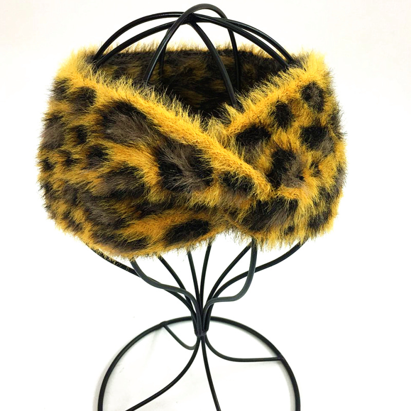 European and American leopard print thick knitted headband plush ear protection headband face wash women's hair accessories warm autumn and winte