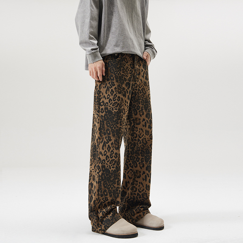 Fashion Autumn Winter Pants Men Loose Harlan Straight Wide-leg Trousers Leopard Print Casual Pants Young Men's Bottoms Brown XXXL