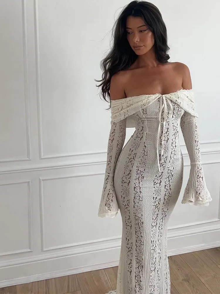White Off Shoulder Lace Up Flare Long Sleeve Slim Maxi Dress Women Hollow Out Mermaid Floor Length Vestidos Female Elegant Robe 241126