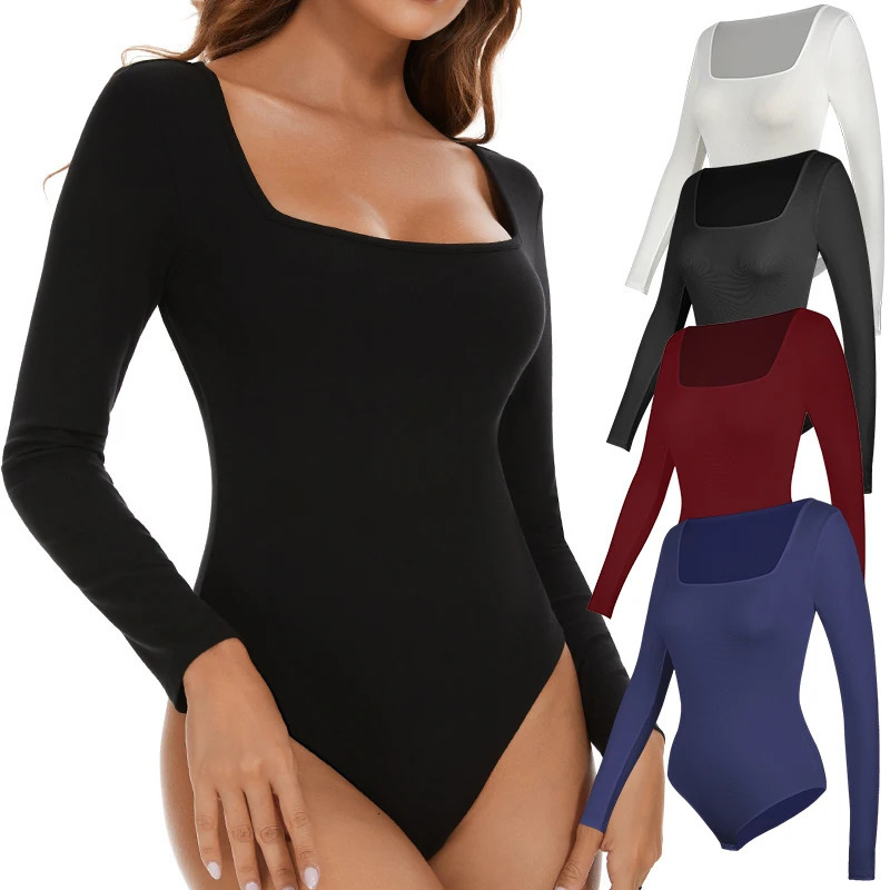 Womens Bodysuit Low Cut Square Neck Long Sleeve Shapewear Underwear Tummy Control Belly Compression Bottoming Shirt Jumpsuits 241112
