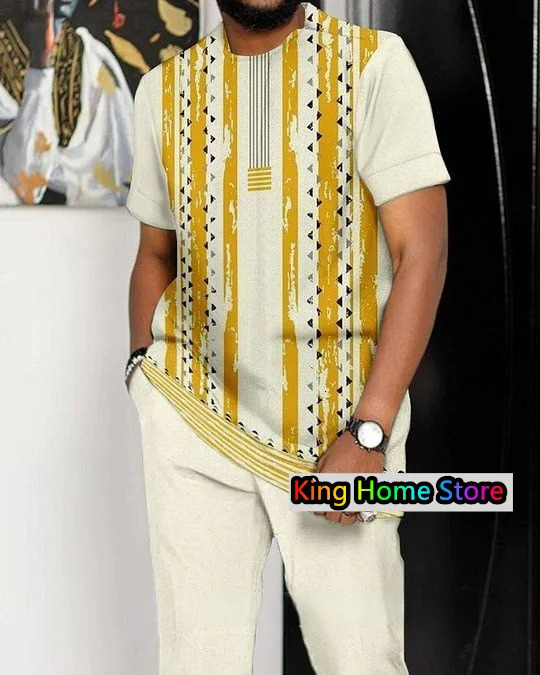 Mens Trousers Tracksuit 2 Piece Set Fashion African Ethnicity Streetwear Short Sleeve TShirt Long Pants Male Clothing Outfits 240419 - view 3