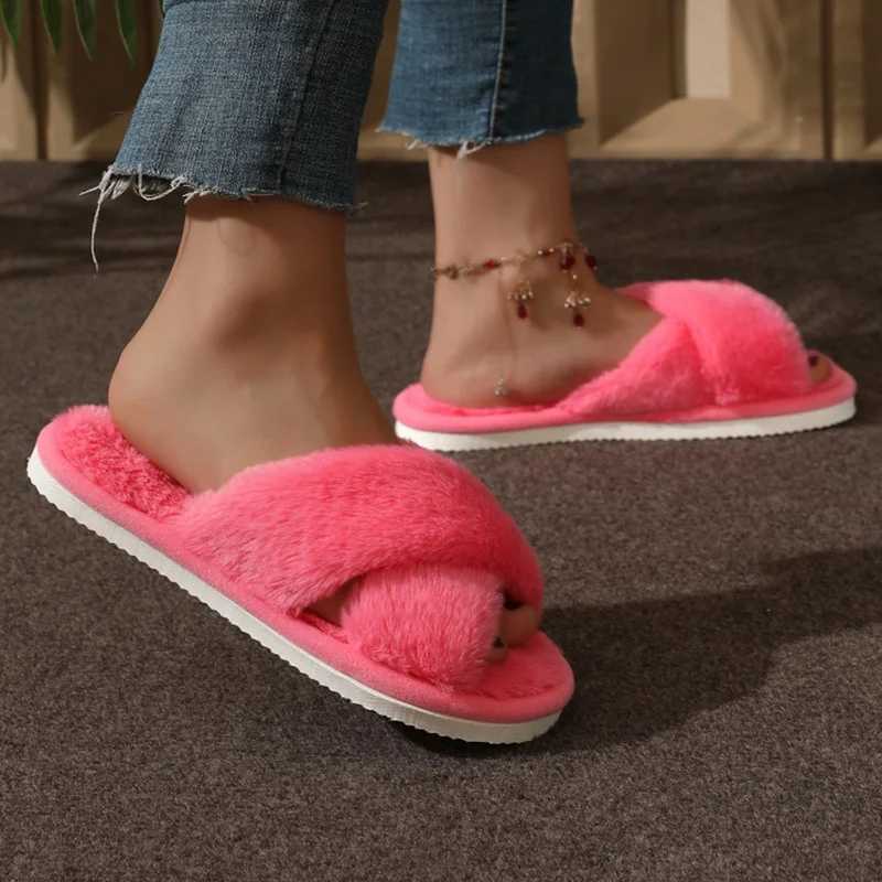 Fi Cross Strap Fur Slippers Women Indoor Light Warm Plush Home Slippers Woman Faux Fur Flat Heel Couple Slides Plus Size 43XJ250207