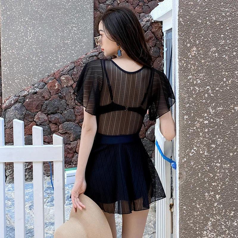 Womens Swimwear Korean One-piece Swimsuit Women Black White Sexy Lace Mesh High Waisted Summer Beach Holiday Slimming Bathing Suit 2024