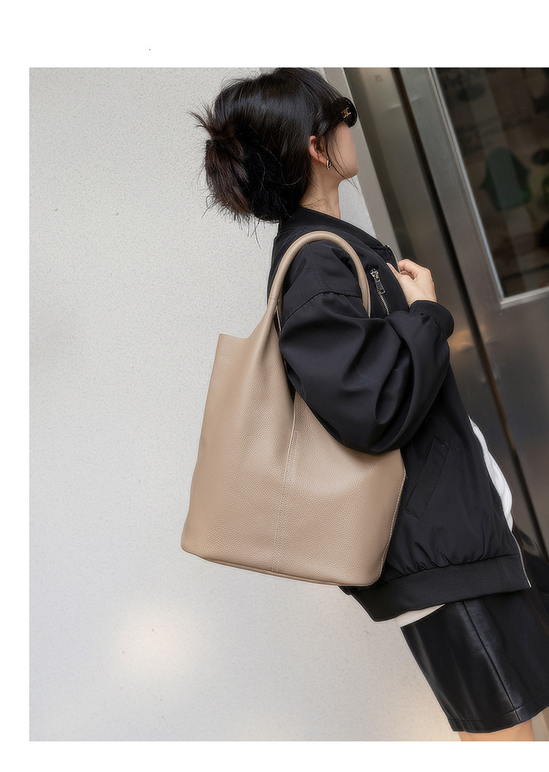 Bucket Woman Tote Genuine Cow Leather Shoulder Ladies Handbags Big Shopper Bag Fashion Blue Genuine Leather