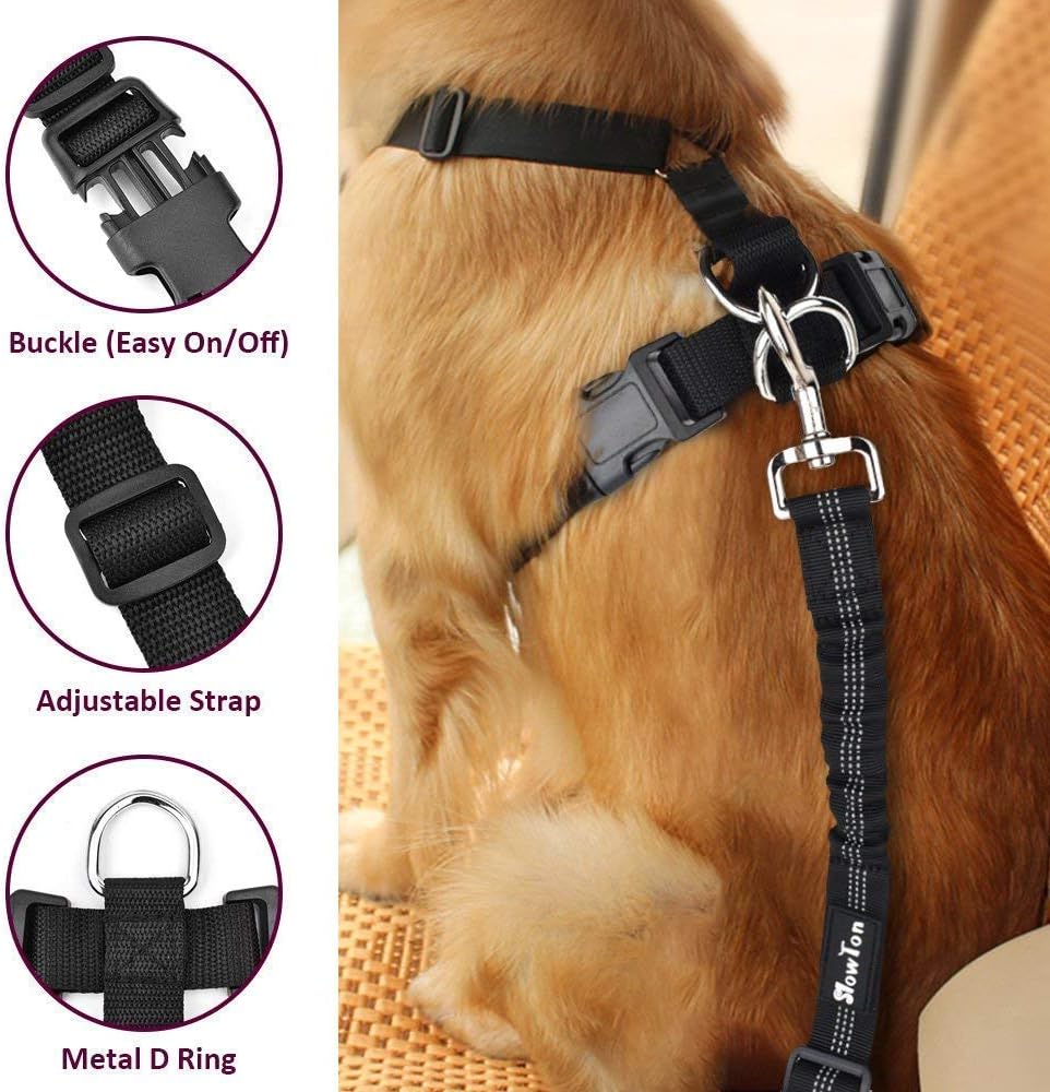 SlowTon Seat Belt Car, Car Harness Adjustable Mesh Breathable & Dog Seatbelt Safety Tether with Elastic Bungee for Medium Large Pets(Light Blue, Doubl