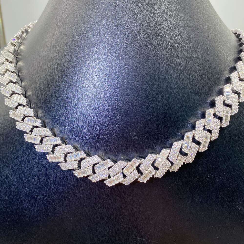 Prong Custom Diamond 925 Pure Sterling Silver Gra Heavy Vvs 15mm Moissanite Cuban Baguette Link Chain